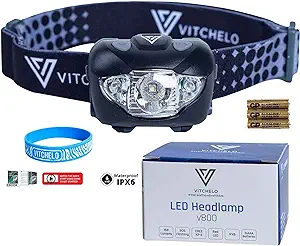 VITCHELO V800 Headlamp Flashlight with White and Red LED Lights