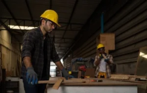 Carpenter working in a shop wearing safety goggles and gloves